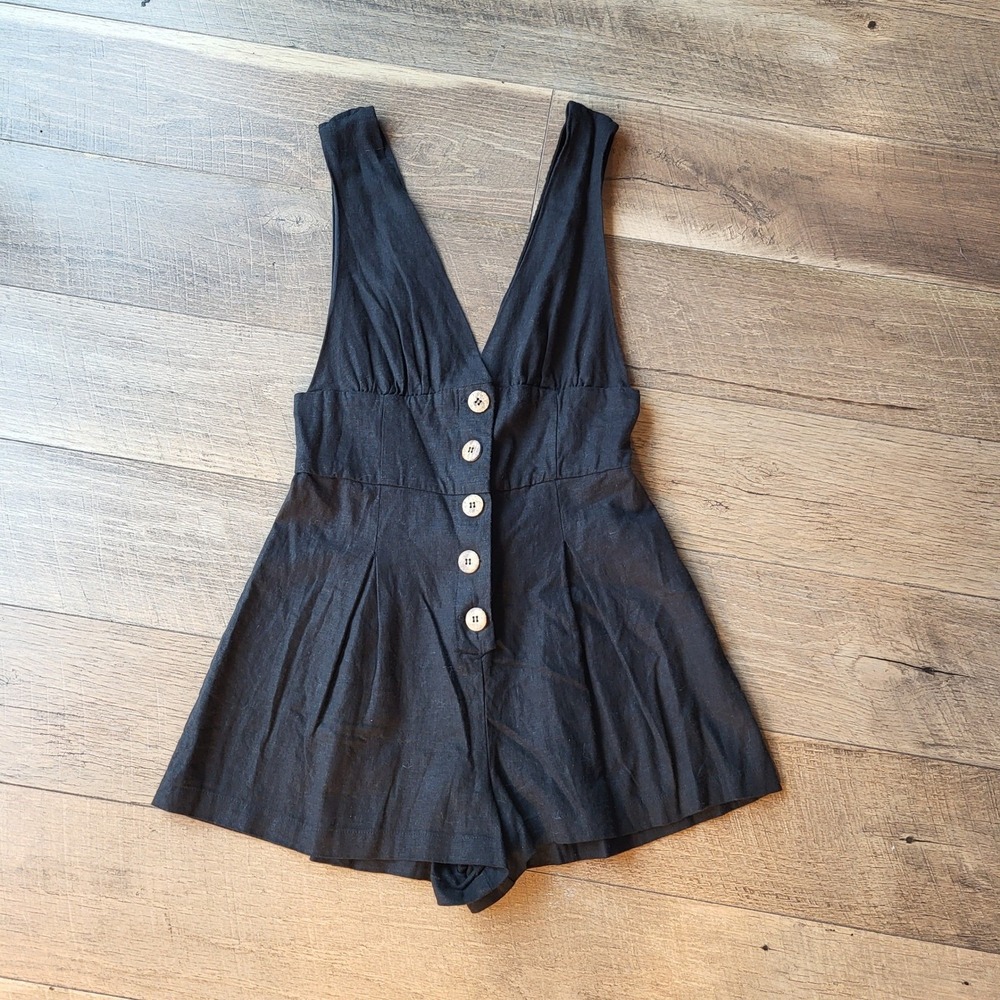 Forever 21 Contemporary Black Linen Blend Button Front V-Neck Romper Small